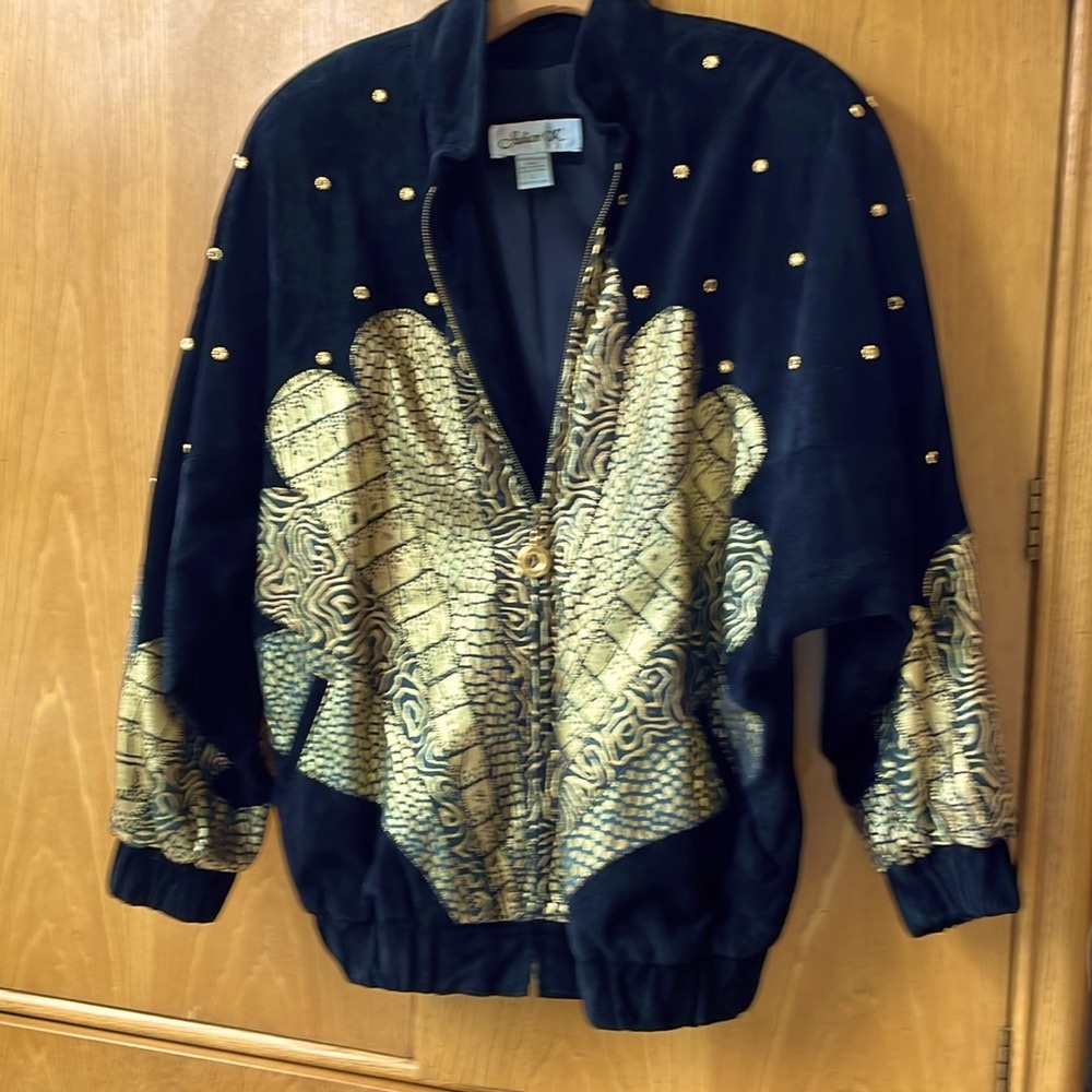 Vintage Women’s Black Suede & Gold Leather Bomber Jacket.